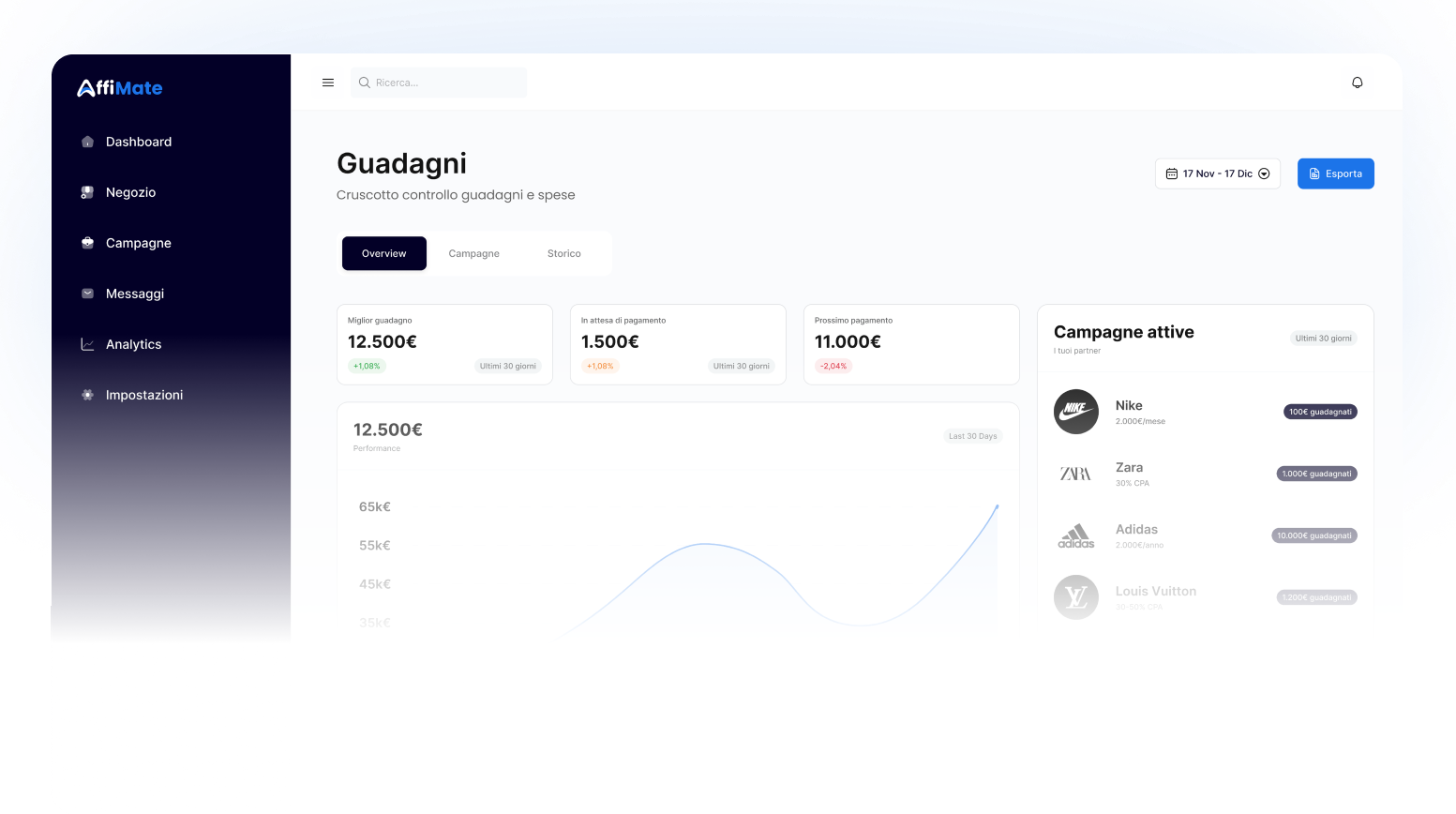 Influencer dashboard showing earning opportunities and brand partnerships on AffiMate platform